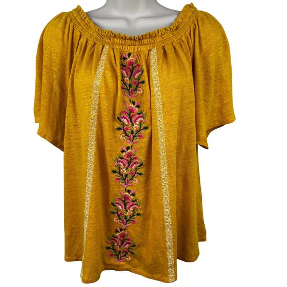 Sundance Dancing Garden Blouse Top Linen Floral Embroidery Boho Peasant Yellow S - Picture 2 of 10